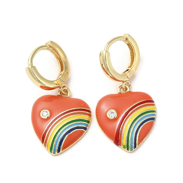 

PandaHall Heart with Rainbow Real 18K Gold Plated Brass Dangle Hoop Earrings, with Cubic Zirconia and Enamel, Coral, 34.5x18mm Cubic..., Red