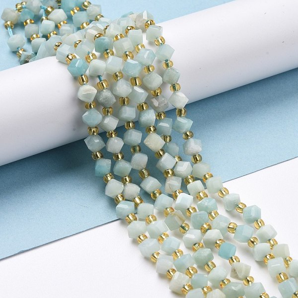 

PandaHall Natural Amazonite Beads Strands, with Seed Beads, Faceted, Diagonal Cube Beads, 5~6x5~6x4~5mm, Hole: 1mm, about 49~55pcs/strand...