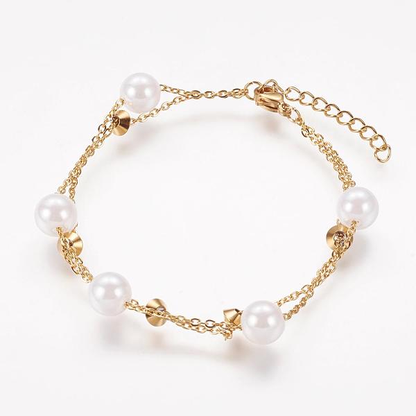 

PandaHall 304 Stainless Steel Bracelets, with Acrylic Pearl Beads, Golden, 6-7/8 inch(175mm) Acrylic White