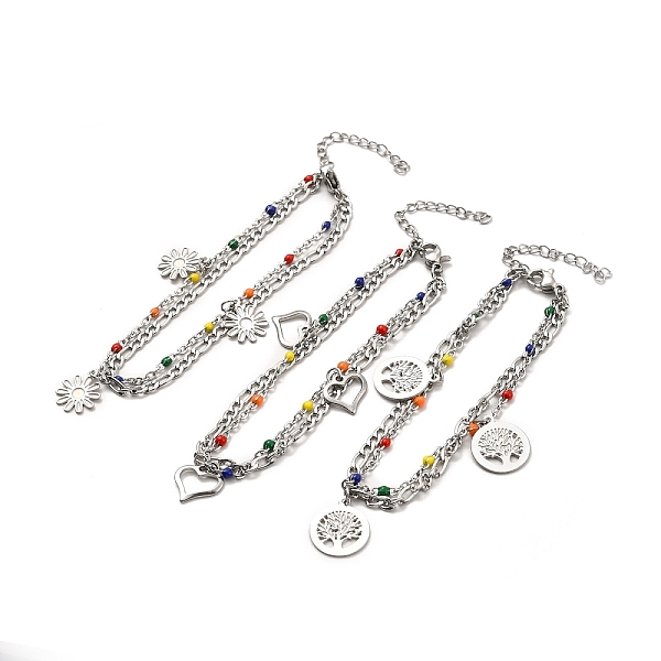 

PandaHall Colorful Enamel Beaded & Figaro Chains Double Layer Multi-strand Bracelet, 304 Stainless Steel Charms Bracelet for Women...