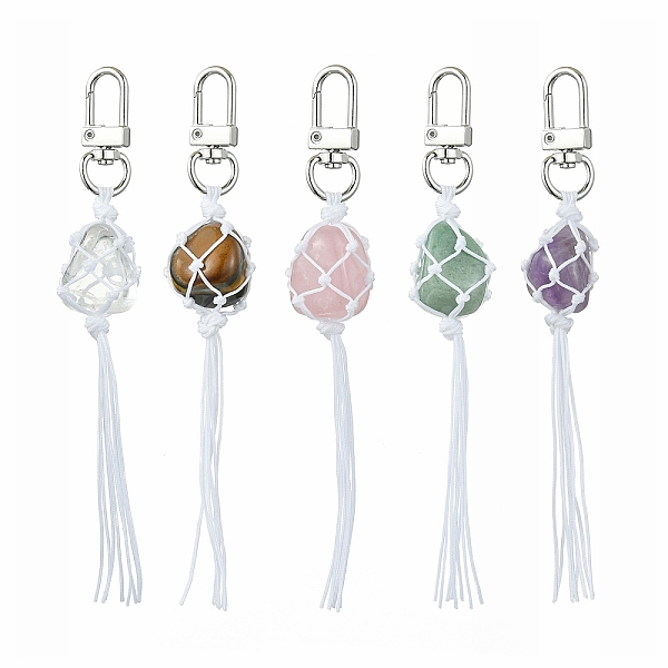 

PandaHall Braided Nylon Pouch Stone Holder Pendant Decoration, with Natural Mixed Gemstone and Alloy Swivel Clasps, 135mm, Pendants..., White