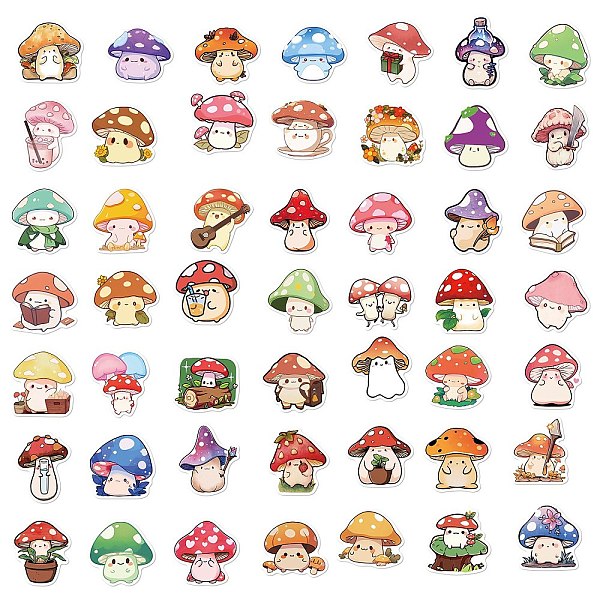 

PandaHall 50Pcs Cute Mushroom PVC Waterproof Sticker Labels, Self-adhesion, for Suitcase, Skateboard, Refrigerator, Helmet, Mobile Phone..., Multicolor