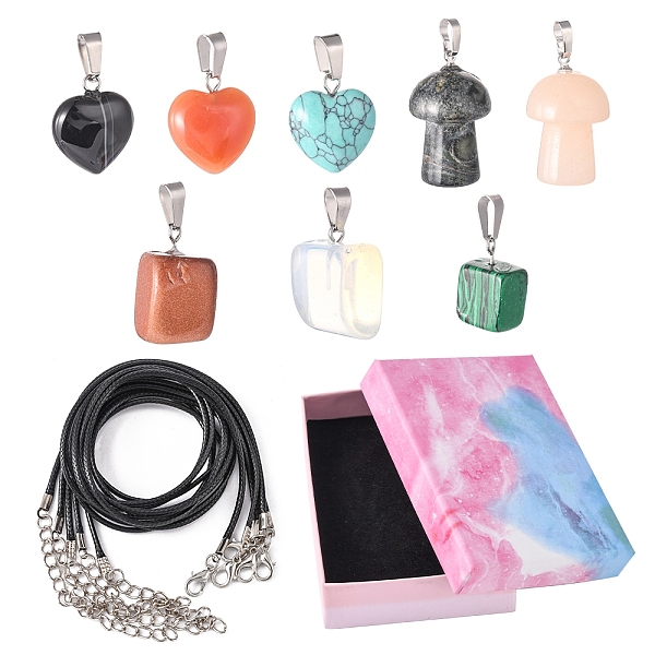 

PandaHall DIY Gemstone Necklace Making Kit, Including Heart & Nugget & Mushroom Natural & Synthetic Mixed Stone Pendants, Waxed Cord...