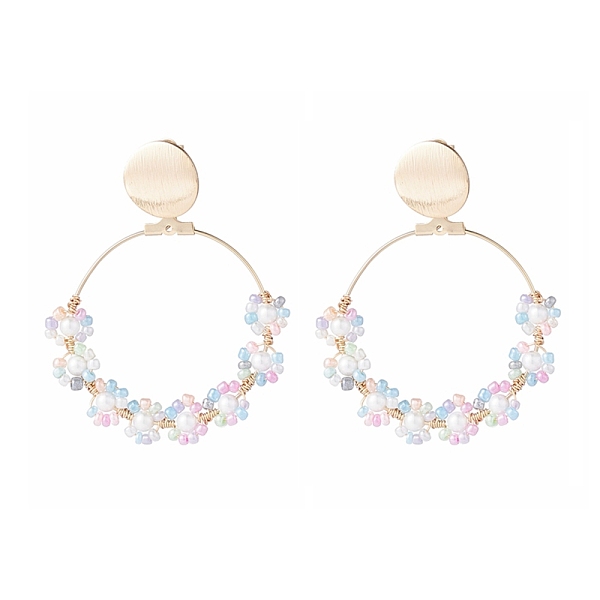 

PandaHall Handmade Seed Beaded Big Circle Drop Earrings, Sunflower Shell Pearl Dangle Stud Earrings for Beach Vacation, Golden, Pink, 60mm...