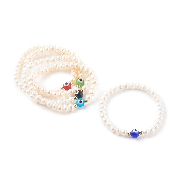

PandaHall Natural Pearl Stretch Beaded Bracelets, with Round Evil Eye Lampwork Beads and Brass Beads, Real 18K Gold Plated, Mixed Color..., Multicolor