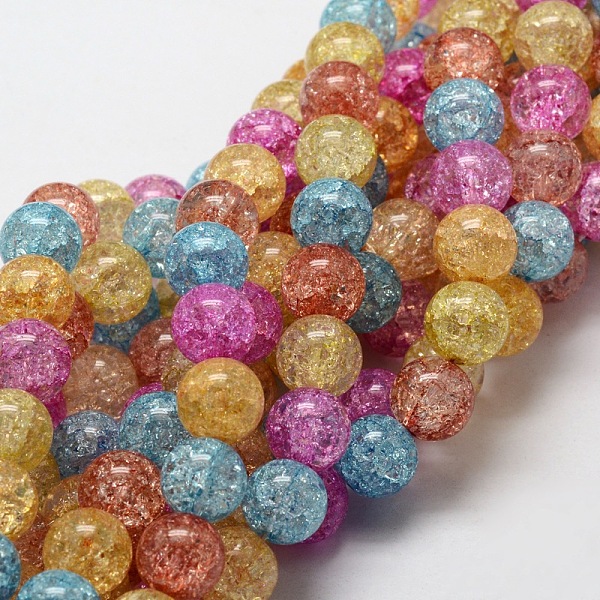 

PandaHall Crackle Glass Round Beads Strands, Colorful, 10mm, Hole: 1mm, about 40pcs/strand, 15 inch Glass Round