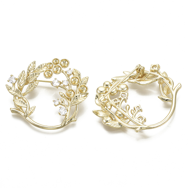 

PandaHall Brass Micro Pave Clear Cubic Zirconia Brooch Findings, For Half Drilled Beads, Leafy Branches, Nickel Free, Real 18K Gold Plated...
