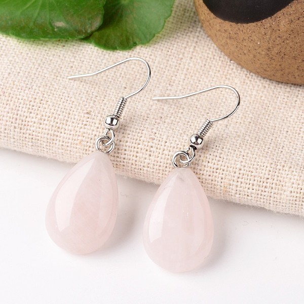 

PandaHall Natural Rose Quartz Teardrop Dangle Earrings, with Platinum Plated Brass Findings, 41mm, Pin: 0.7mm Rose Quartz