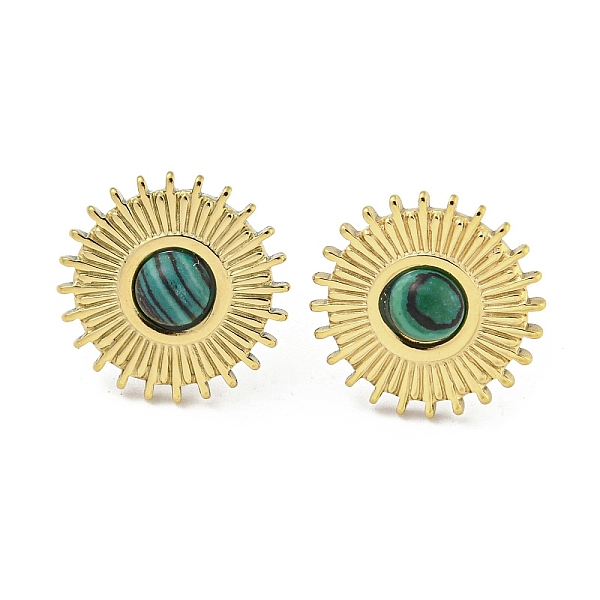 

PandaHall Real 18K Gold Plated 304 Stainless Steel Flat Round Stud Earrings, with Synthetic Malachite, 15mm Malachite Flat Round
