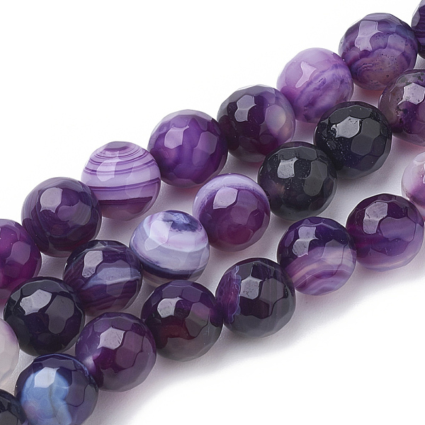 

PandaHall Natural Striped Agate/Banded Agate Beads Strands, Dyed, Faceted, Round, Indigo, 8mm, Hole: 1.2mm, about 45pcs/strand, 15.3 inch..., Purple