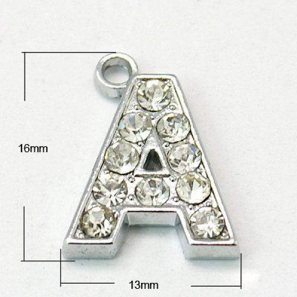 

PandaHall Alloy Letter Pendants, with Grade A Rhinestone, Platinum Color, Colorful, 16~18x12~17x2mm, Hole: 1mm Alloy+Rhinestone Letter Clear