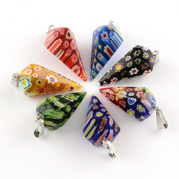 

PandaHall Cone Handmade Millefiori Glass Pendants, with Platinum Plated Iron Findings, Mixed Color, 39~40x17x17mm, Hole: 10x4mm Millefiori..., Multicolor