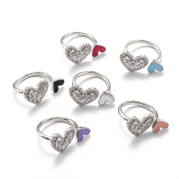 

PandaHall Brass Micro Pave Clear Cubic Zirconia Cuff Rings, Open Rings, with Enamel, Heart, Platinum, Mixed Color, US Size 6 3/4(17.1mm)..., Multicolor