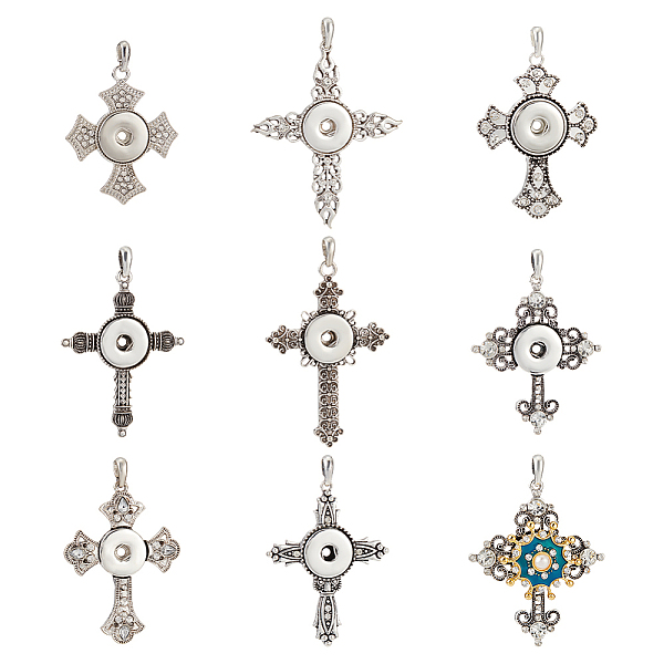 

PandaHall 8Pcs 8 Style Alloy Rhinestone Hang Snap Base Pendants, for Interchangeable Snap Charms Jewelry Making, Cross, Antique Silver &..., Clear