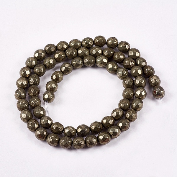 

PandaHall Natural Pyrite Round Beads Strands, Faceted, 6mm, Hole: 1mm, about 65pcs/strand, 15.74 inch Pyrite Round Yellow