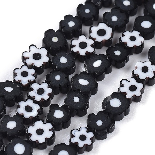 

PandaHall Handmade Millefiori Glass Bead Strands, Flower, Black, 6.4~9x3.2mm, Hole: 1mm, about 56pcs/Strand, 15.75''(40cm) Millefiori...