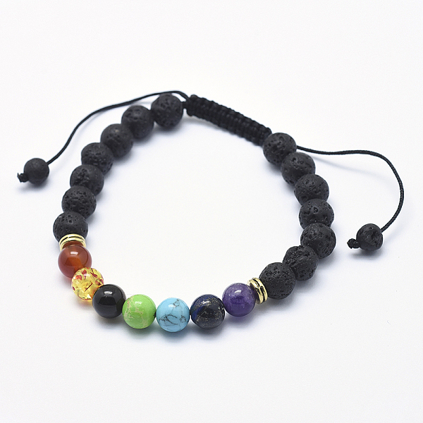 

PandaHall Adjustable Natural Lava Rock Braided Bead Bracelets, with Alloy Spacer Beads and Nylon Cord, Antique Golden, 2-1/4 inch(57mm) Lava..., Black