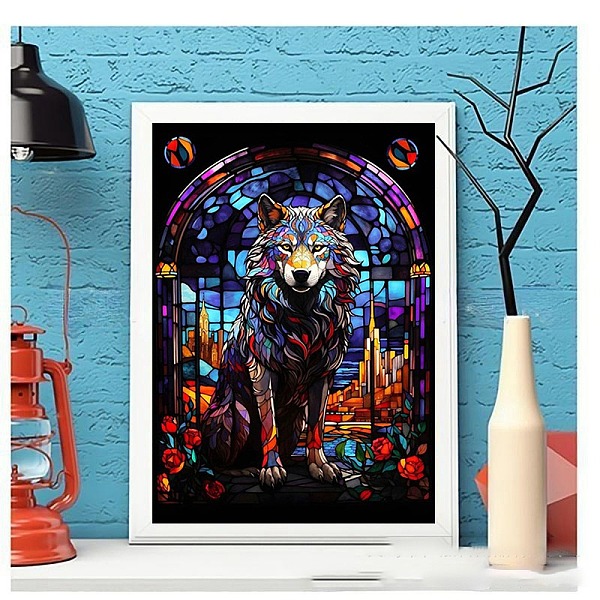 

PandaHall DIY Diamond Painting Stickers Kits For Kids, including Resin Rhinestone, Diamond Sticky Pen, Tray Plate, Glue Clay, Wolf...
