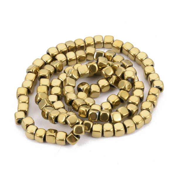

PandaHall Electroplate Non-magnetic Synthetic Hematite Beads Strands, Cube, Golden Plated, 4x4x4mm, Hole: 2mm, about 105pcs/strand, 15.7...