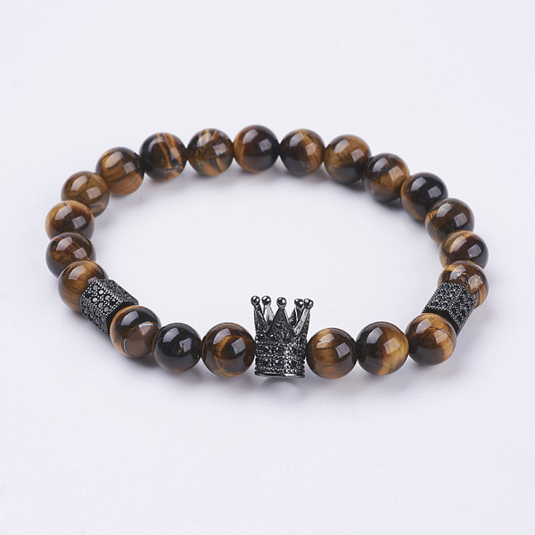 

PandaHall Natural Tiger Eye Stretch Bracelets, with Brass Cubic Zirconia Beads, Crown & Hexagon, Gunmetal, 2-1/4 inch(56mm) Tiger Eye