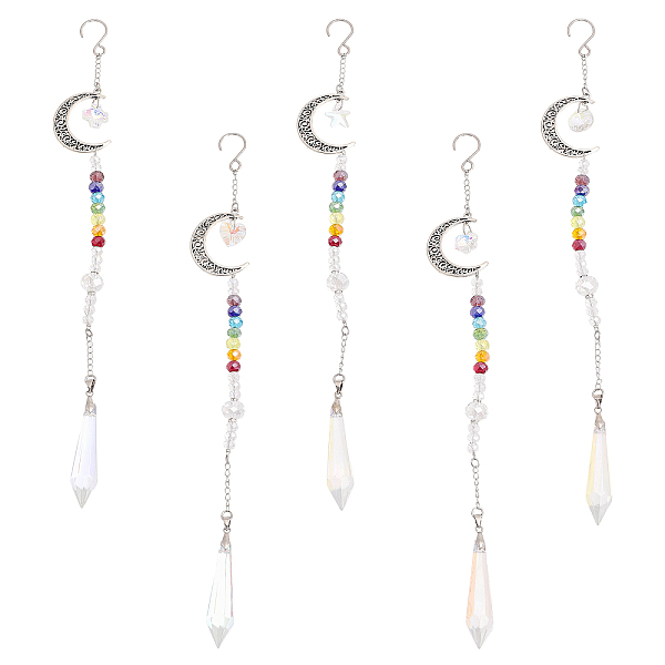 

PandaHall CHGCRAFT Alloy Moon Pendant Decorations, 7 Chakra AB Color Plated Glass Beaded Hanging Ornament, with Glass Cone & Star/Ice...