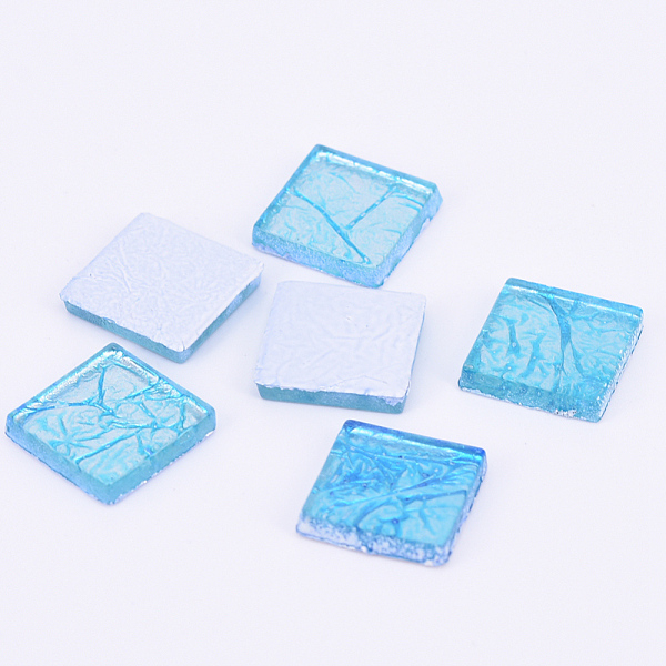 

PandaHall Glass Cabochons, Gold Foil Mosaic Tile, for Home Decoration or DIY Crafts, Square, Sky Blue, 20x20x4mm Glass Square