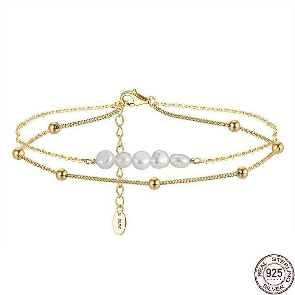

PandaHall 925 Sterling Silver Double Layered Chain Anklet with Natural Freshwater Pearls, Women's Jewelry for Summer Beach, with S925 Stamp...