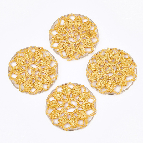 

PandaHall Polycotton(Polyester Cotton) Woven Pendant Decorations, with Brass Findings, Flat Round with Flower, Light Gold, Gold, 35x1mm...