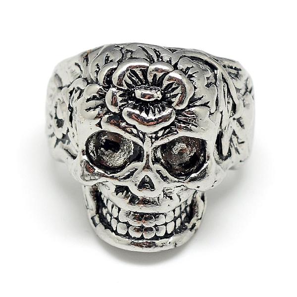 PandaHall Alloy Finger Rings, Wide Band Rings, Chunky Rings, Sugar Skull, For Mexico Holiday Day of the Dead, Size 9, Antique Silver, 19mm...