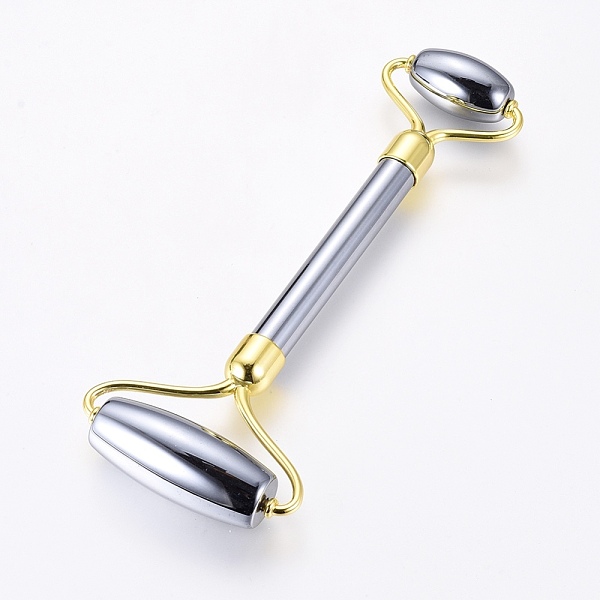 

PandaHall Brass and Terahertz Stone Massage Tools, Facial Rollers, Double-Headed, Golden, 142x56x18mm Terahertz Stone Others