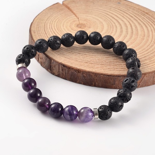 

PandaHall Natural Lava Rock Beaded Stretch Bracelets, with Amethyst Beads and Brass Findings, Platinum, 58mm Amethyst