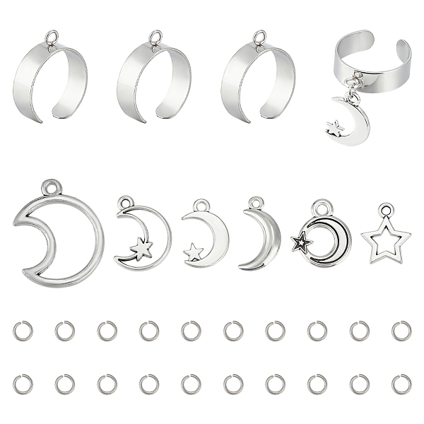 

PandaHall Unicraftale DIY Charms Cuff Ring Making Kit, Including Moon & Star Alloy Pendants, Stainless Steel Finger Ring Components & Jump...