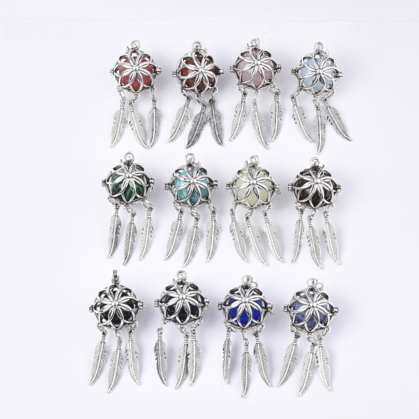 

PandaHall Alloy Cage Big Pendants, Chime Ball Pendants, Hollow Round, with Mixed Stone Round Beads, Antique Silver, Woven Net/Web with..., Multicolor