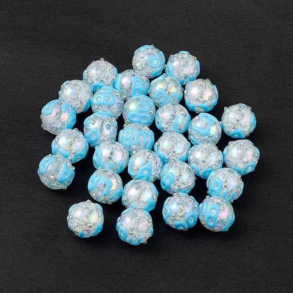 

PandaHall Rainbow Iridescent Crackle Acrylic Enamel Beads, with Rhinestone, Bumpy, Round with Word, Light Sky Blue, 17~17.5x15mm, Hole...