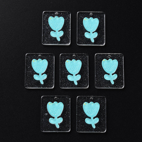 

PandaHall Cellulose Acetate(Resin) Pendants, with Glitter Powder, Rectangle with tulip, Cyan, 24.5x19.5~20x4~4.5mm, Hole: 1.4mm Cellulose...