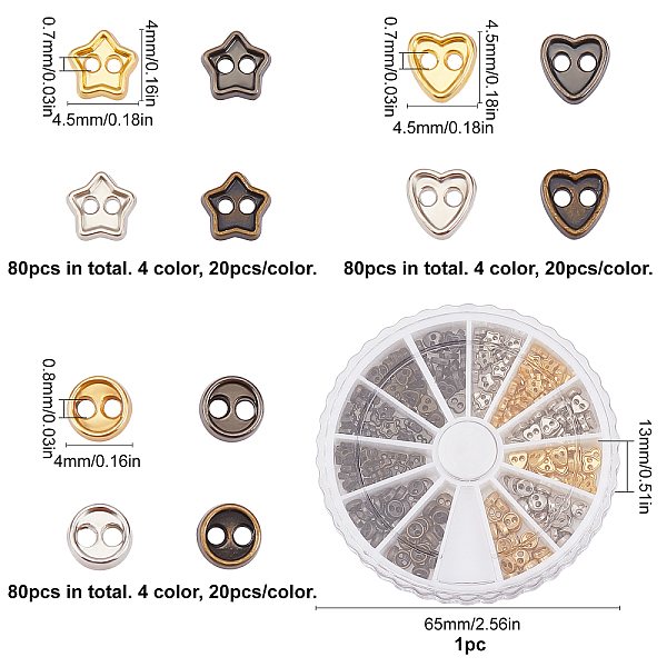 

PandaHall FINGERINSPIRE 240Pcs 4 Colors Mini Metal Buttons 4mm Heart & Star & Round Alloy Buttons Mini Tiny Buttons with Separate...