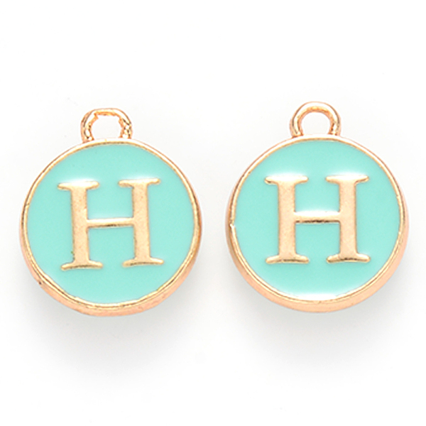 

PandaHall Golden Plated Alloy Enamel Charms, Cadmium Free & Lead Free, Enamelled Sequins, Flat Round with Letter, Turquoise, Letter.H..., Green
