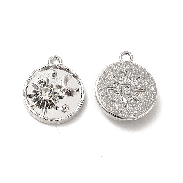 

PandaHall Rack Plating Alloy Rhinestone Pendants, Cadmium Free & Lead Free, Flat Round with Sun Pattern Charms, Platinum, 19x16x5mm, Hole..., Clear