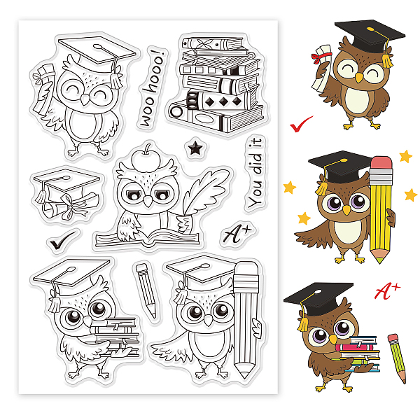 PandaHall Owl Clear Stamp, Book Graduation Hat Silicone Stamp Cards Study Rubber Stamps Transparent Stamps for School Card Making Photo...