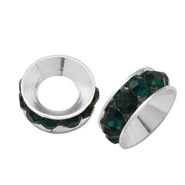 

PandaHall Brass Rhinestone Spacer Beads, Grade A, Rondelle, Silver Color Plated, Emerald, 7x3.3mm Brass+Rhinestone Rondelle Green