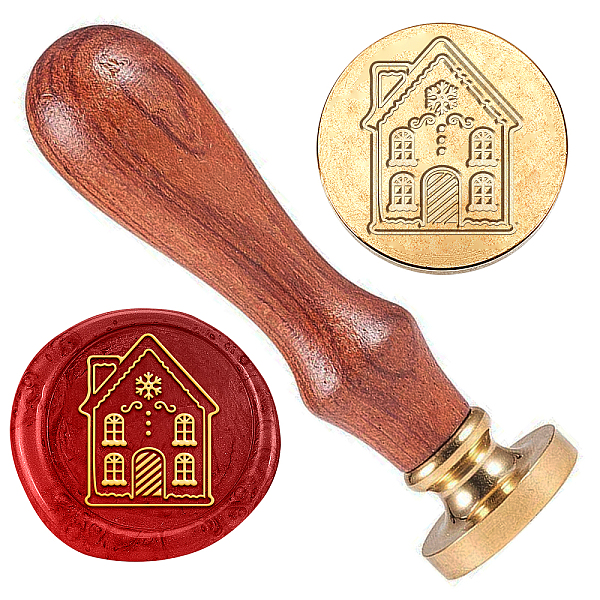 PandaHall Christmas Golden Tone Brass Wax Seal Stamp Head with Wooden Handle, for Envelopes Invitations, Gift Card, House, 83x22mm, Stamps...