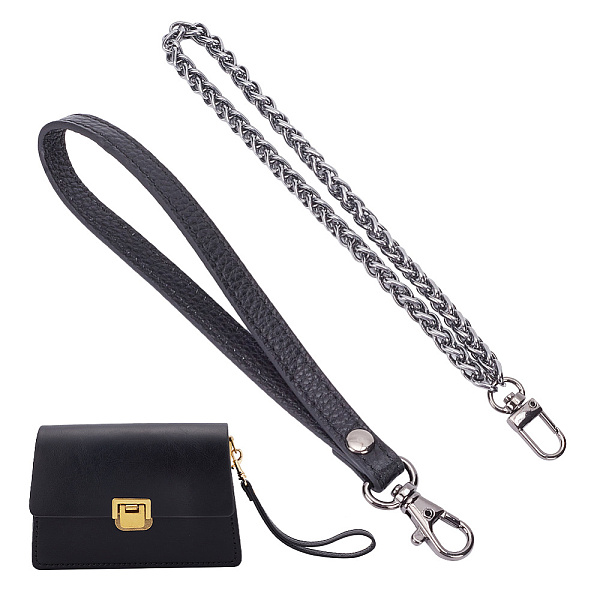PandaHall WADORN 2Pcs 2 Style Wristlet Bag Straps, Cowhide & Iron Wheat Chain Clutch Bag Straps Sets, with Stainless Steel Swivel Clasp...