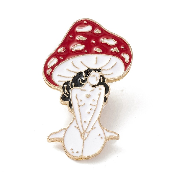 PandaHall Mushroom Girl Enamel Pin, Cartoon Alloy Brooch for Backpack Clothes, Light Gold, Red, 38x23x2mm, Pin: 1mm Alloy+Enamel Red