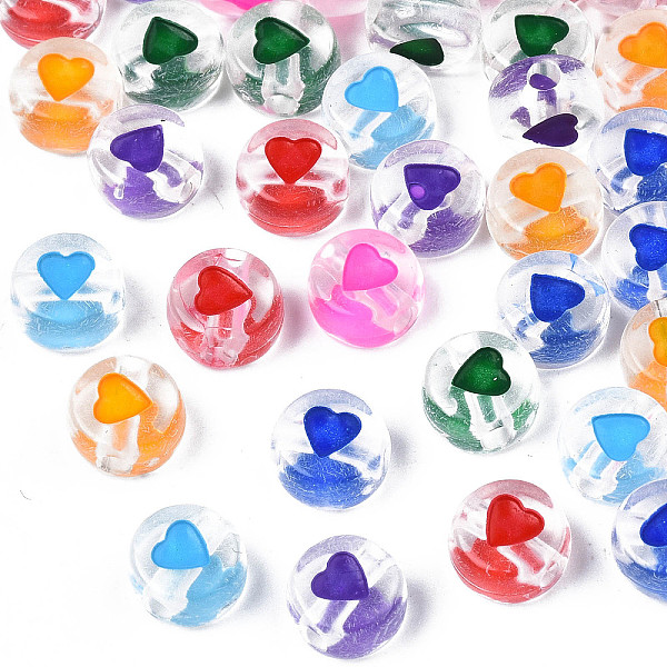 

PandaHall Transparent Acrylic Enamel Beads, Flat Round with Heart, Mixed Color, 7x4mm, Hole: 1.8mm, about 3600~3700pcs/500g Acrylic Flat..., Multicolor