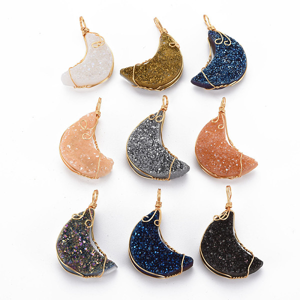 

PandaHall Electroplate Natural Druzy Agate Pendants, with Golden Brass Findings, Dyed, Moon, Mixed Color, 31~34x21~23x8~10mm, Hole: 3~4mm..., Multicolor