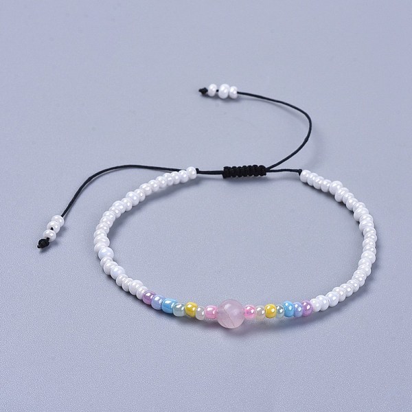 

PandaHall Adjustable Nylon Thread Kid Braided Beads Bracelets, with Natural Rose Quartz Round Beads and Glass Seed Beads, 1-7/8 inch(4.9cm)..., Pink