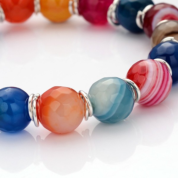 

PandaHall Faceted Natural Agate Round Beads Stretch Bracelets, with Silver Color Plated Brass Jump Rings & Korean Elastic Crystal Thread...