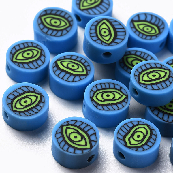 

PandaHall Handmade Polymer Clay Beads, Flat Round with Eye, Steel Blue, 9~10x4~5mm, Hole: 1.8mm Polymer Clay Flat Round