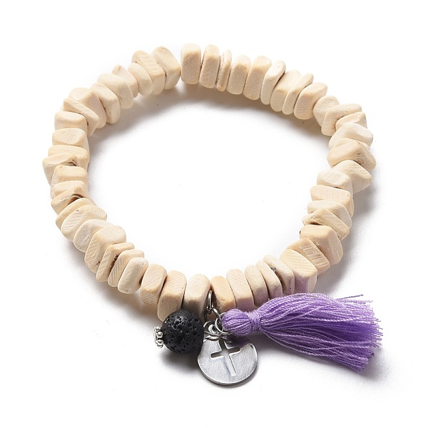 

PandaHall Stretch Charm Bracelets, with Coconut Beads, Natural Lava Rock Beads, 304 Stainless Steel Charms and Cotton Thread Tassels, Flat..., Purple