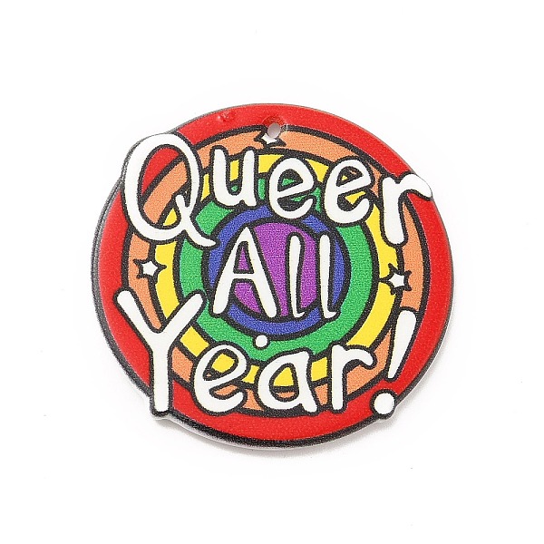 

PandaHall Pride Acrylic Pendants, Flat Round with Word Queer All Year, Colorful, 35.5x2mm, Hole: 1.2mm Acrylic Flat Round